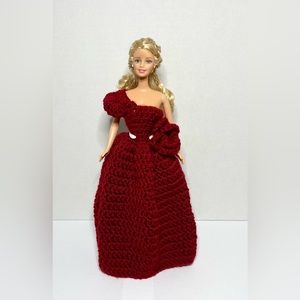 Handmade Fashion Burgundy Barbie Gown One Ruffle Strap Large Flower Accent